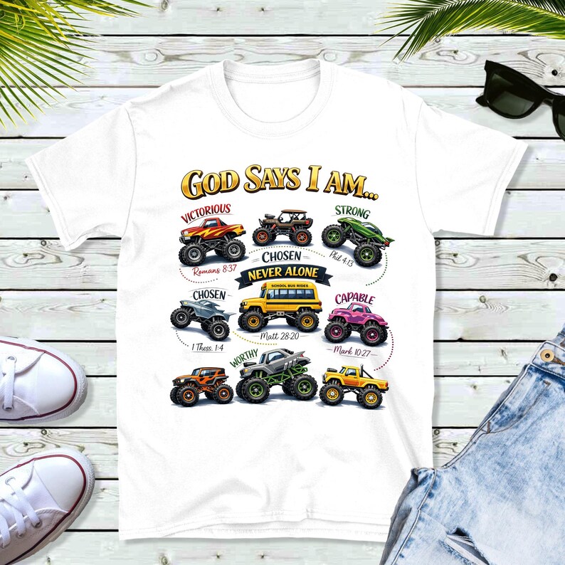 Puede incluir: Camiseta blanca con un gr&aacute;fico colorido de monster trucks y el texto "GOD SAYS I AM..." junto con afirmaciones positivas. El dise&ntilde;o incluye frases como "Victorioso", "Elegido" y "Fuerte", con vers&iacute;culos b&iacute;blicos.