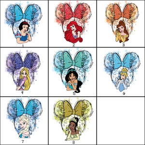 May include: Nine colorful illustrations of Disney princesses, each within a Mickey Mouse ear outline. Each design features a polka-dot bow and a watercolor effect. The princesses include Snow White, Ariel, Belle, Rapunzel, Jasmine, Cinderella, Elsa, and Tiana.