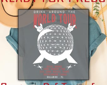 Transferencia DTF de la gira Disney Drink Around The World, diseño de camiseta retro rock inspirado en EPCOT