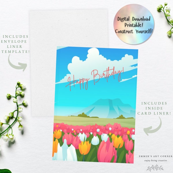 Printable Flower Field Birthday Card, for family, for friend, for anyone, 5x7 card, envelope and inside liner included, BYO, craft, download