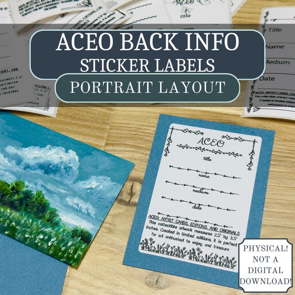 ACEO/ATC Back Label PORTRAIT Information Stickers 2" x 3" | Made to Order | Art Supplies Artist Trading Cards | Physical Product Ten Designs
