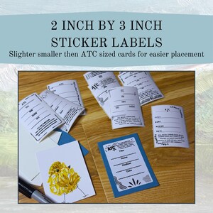 May include: A set of 2 inch by 3 inch sticker labels with the text "ATC" on them. The labels are printed on white paper with black ink and have a blank space for writing. The labels are slightly smaller than ATC sized cards for easier placement.
