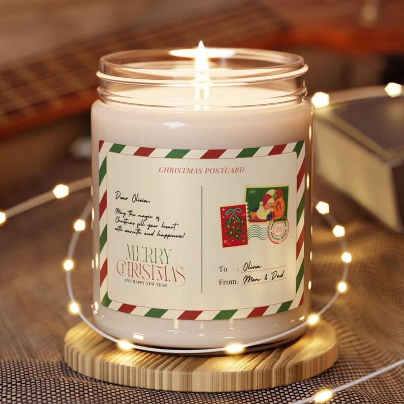 Personalized Christmas Postcard Design, Holiday Scented Soy Candle 9oz