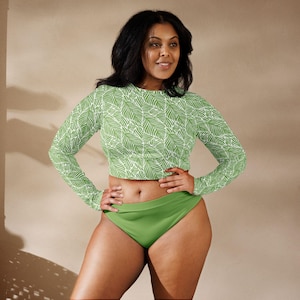 Tropical Fern Long Sleeve Crop Top – Eco-Friendly Rash Guard for Women, Sizes 2XS–6XL