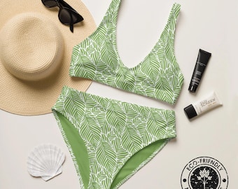 Tropical Fern High-Waisted Bikini - Eco-Friendly, Mix and Match, Sizes XS-3XL