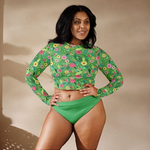 Emerald Garden Long Sleeve Crop Top – Eco-Friendly Rash Guard for Women, Sizes 2XS-6XL