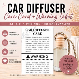 Car Diffuser + Warning Label | Printable 3.5" x 2" | Diffuser Instructions | Small Business Packaging Insert