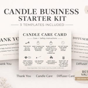 Paquete de plantillas para negocios de velas en Canva / Tarjeta de cuidado / Tarjeta de agradecimiento / Tarjeta difusora / Insertos de empaque editables / Kit para pequeñas empresas