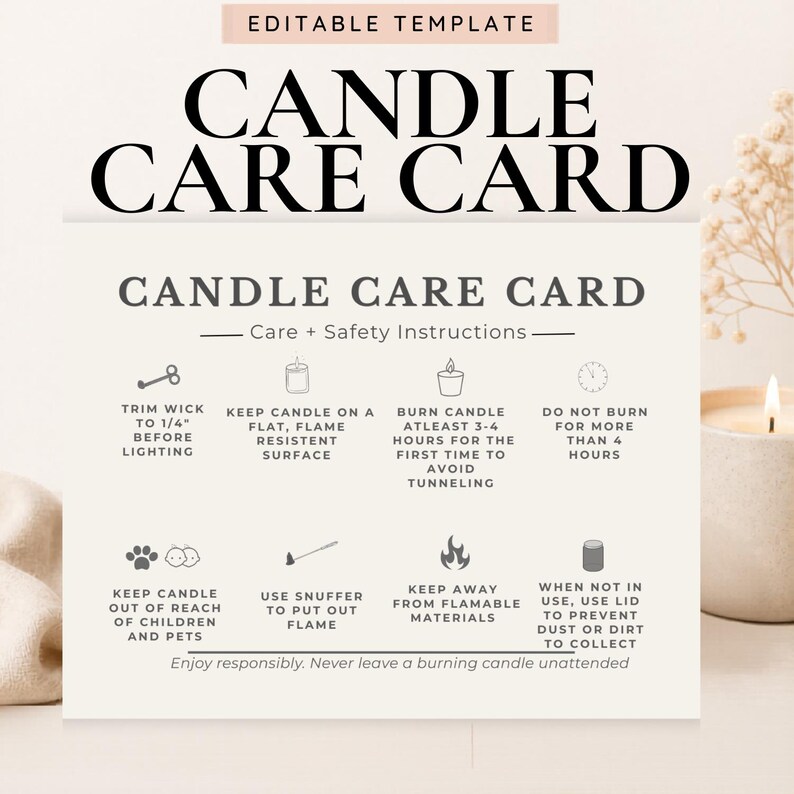 Editable Candle Care Card Template | 4.25x5.5 Business Insert | Minimal ...