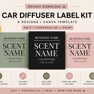 Kit de etiquetas para difusor de coche / 6 plantillas minimalistas de Canva (descarga instantánea)