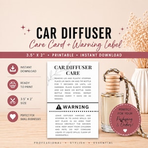 Difusor para coche + Etiqueta de advertencia / Imprimible de 8,9 cm x 5 cm / Instrucciones del difusor / Inserto de embalaje para pequeñas empresas