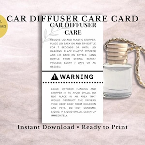 Difusor para coche + Etiqueta de advertencia / Imprimible de 8,9 cm x 5 cm / Instrucciones del difusor / Inserto de embalaje para pequeñas empresas