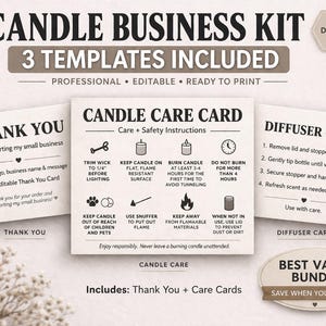 Candle Business Bundle Template Canva | Care Card Thank You Card Diffuser Card | Editable Packaging Inserts | Small Business Kit