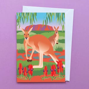 de voeux de kangourou rouge | faune australienne lumineuse et colorée | Carte d'anniversaire kangourou