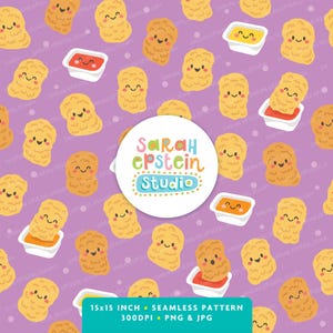 Puede incluir: Un patrón repetido de pepitas de pollo de dibujos animados sonrientes y salsas para mojar sobre un fondo lavanda. El diseño incluye el texto "SARAH EPSTEIN STUDIO" y "15x15 INCH • SEAMLESS PATTERN • 300DPI • PNG & JPG".