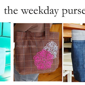 May include: Three different tote bags, one light blue, one brown with a plaid pattern, and one blue denim. The brown bag has pink and white embroidered flowers. The text "meringue designs" is visible on the brown and blue bags.