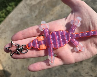 Sun Reactive Glow in the Dark Lizard Keychain, Handmade Kandi Bead, Bag Charm, Orange eyes