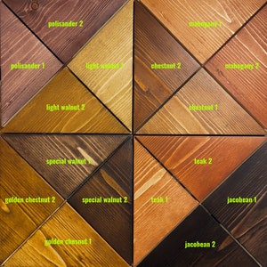 Puede incluir: Un tablero de muestra de baldosas de madera cuadradas con varios colores de tinte para madera. El tablero est&aacute; dividido en secciones triangulares, cada una etiquetada con un nombre de tinte diferente, incluyendo "polisander", "chestnut" y "jacobean".