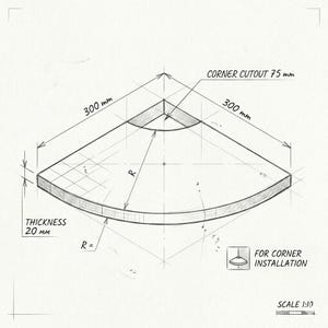 Puede incluir: Un dibujo t&eacute;cnico de una estanter&iacute;a de esquina, con dimensiones en mil&iacute;metros. La estanter&iacute;a es triangular con un borde curvo, lados de 300 mm, 20 mm de grosor y un recorte de esquina de 75 mm. Texto: FOR CORNER INSTALLATION.