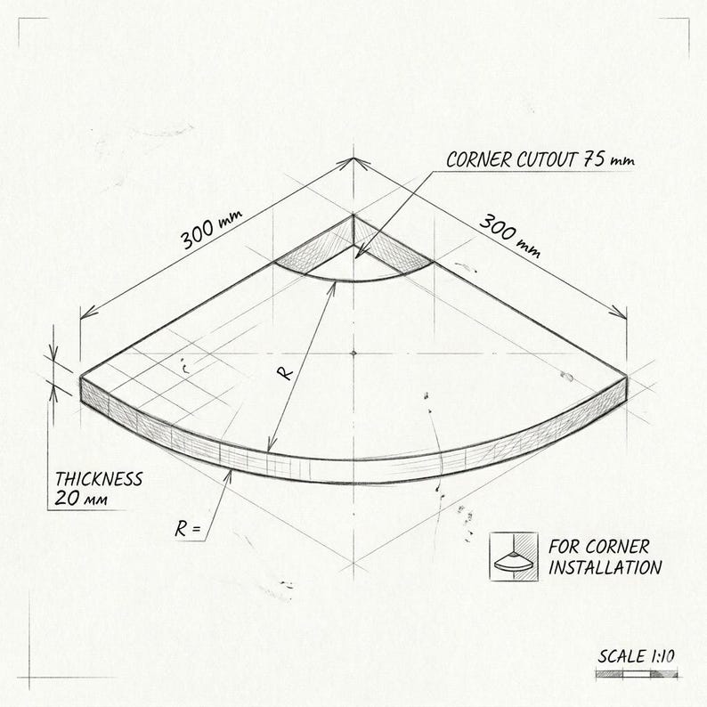 Puede incluir: Un dibujo t&eacute;cnico de una estanter&iacute;a de esquina, con dimensiones en mil&iacute;metros. La estanter&iacute;a es triangular con un borde curvo, lados de 300 mm, 20 mm de grosor y un recorte de esquina de 75 mm. Texto: FOR CORNER INSTALLATION.