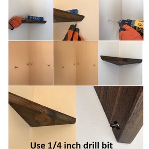 Puede incluir: Una serie de im&aacute;genes que demuestran la instalaci&oacute;n de una estanter&iacute;a de esquina. Los pasos incluyen nivelar, marcar, taladrar y asegurar la estanter&iacute;a. El texto en la imagen dice: "Use 1/4 inch drill bit."