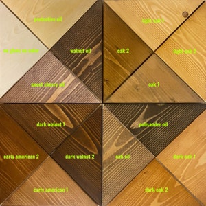 Puede incluir: Primer plano de una tabla de muestras de madera con varios acabados. La tabla est&aacute; dividida en secciones triangulares, cada una etiquetada con un nombre de tinte diferente, incluyendo "protective oil", "walnut oil" y "dark oak 1". Los colores var&iacute;an de claros a oscuros.