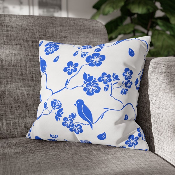 Blue Bird Print Square Canvas Pillowcase, Cottagecore, Floral Tote Bag, Botanical Tote Bag 16" x 16"