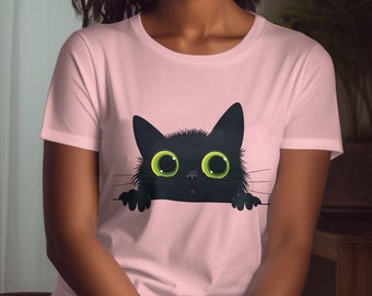 Cute Black Cat Peeking T-Shirt for Cat Lovers, Adorable Cat Graphic Tee, Fun Cat Design Shirt, Stylish Cat Art Top, Unique Cat Gift Wear