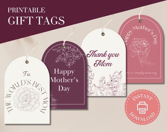 Mother's Day Printable Gift Tags - Set of 4 Floral Designs in Purple & Pink, Perfect for Happy Mother's Day Tags