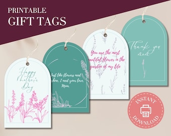 Mother's Day Printable Gift Tags - Set of 4 Floral Lavander Designs in pastel turquoise color, Perfect for Happy Mother's Day Tags