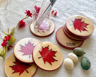 Ahornblatt Untersetzer | Holz Harz rot Glitzer Natur Design | Kanada Rustikales Wohnkultur