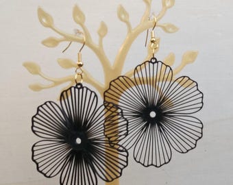 Black Flower Earrings with Silver or Gold Hooks