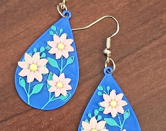 Blossom Teardrop Earrings with Blue Background and pink flowers. (gold hooks)