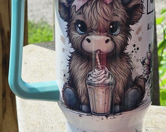 40oz Coffee Tumbler Wrap - "Coffee Mode All Day Every Day" - Floral Highland Cow.