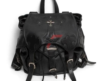 Handcrafted Top Grain Leather Backpack Chrome Heart FLARE GUNSLINGER Bag Black