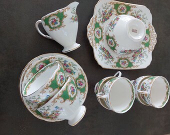 VINTAGE FOLEY Tea Set for 6, Milk Jug, Sugar Bowl and Cake Plate Green Broadway Design Perfect Condition Manufactured in England Circa 1940s