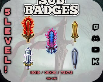 Sword Sub Badges: Level 1-5 Streamer Icons (Digitaler Download)