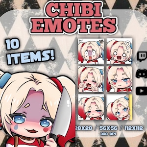 May include: A set of 10 digital cartoon emotes featuring a character with red and white hair, red and black clothing, and different facial expressions. The emotes are available in three sizes: 28x28, 56x56, and 112x112 pixels. The emotes are 300 DPI. The text "CHIBI EMOTES" is at the top of the image. The text "10 ITEMS!" is in the upper left corner of the image. The text "28x28 / 56x56 / 112x112 300 DPI" is at the bottom of the image.