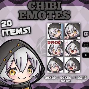 May include: A set of 20 digital emotes featuring a chibi character with white hair and yellow eyes wearing a black hooded cloak. The emotes are in various poses and expressions, including smiling, winking, and surprised. The emotes are available in three sizes: 28x28, 56x56, and 112x112 pixels. The emotes are designed for use on Twitch, Discord, and YouTube.