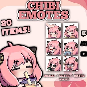 Könnte beinhalten: 20 rosa und schwarze Chibi-Emojis mit verschiedenen Ausdrücken. Die Emojis sind 28x28, 56x56 und 112x112 Pixel groß bei 300 DPI. Die Emojis beinhalten Twitch-, Discord- und YouTube-Symbole.