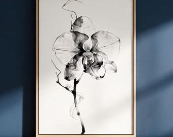 Tableau d'orchidées en noir et blanc, estampe botanique moderne, affiche florale minimaliste, décoration intérieure élégante.