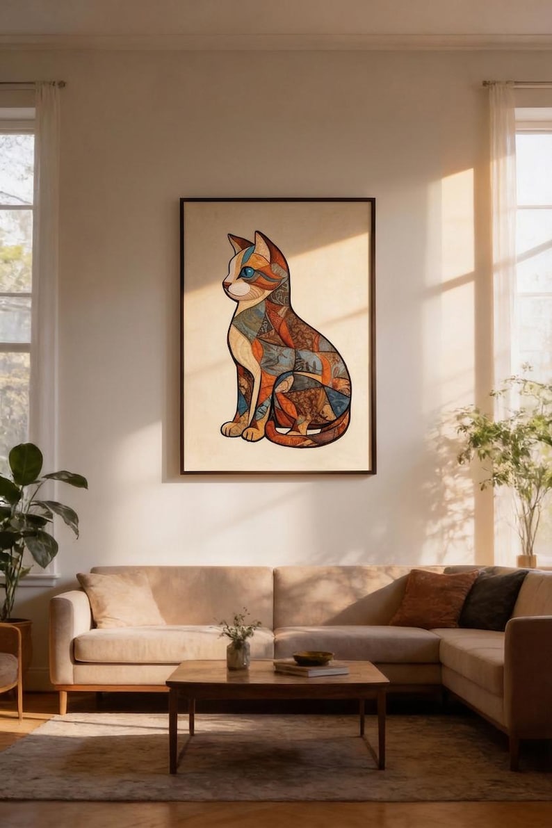 Peut inclure: Une &oelig;uvre d'art encadr&eacute;e repr&eacute;sentant un chat stylis&eacute;. Le chat est assis et pr&eacute;sente un motif en mosa&iuml;que aux couleurs chaudes, notamment orange, marron et bleu. L'&oelig;uvre est expos&eacute;e dans un salon aux tons neutres.