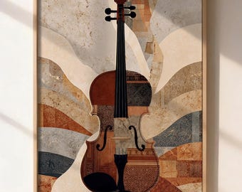 Violon bohème, affiche musicale vintage, décoration mosaïque d'instrument, style terre cuite à imprimer, cadeau pour musiciens.