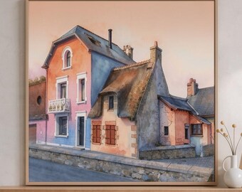 Maison bretonne, impression numérique d'une maison en Bretagne, illustration d'une cabane en pierre, décoration de style cottagecore, paysage rustique.