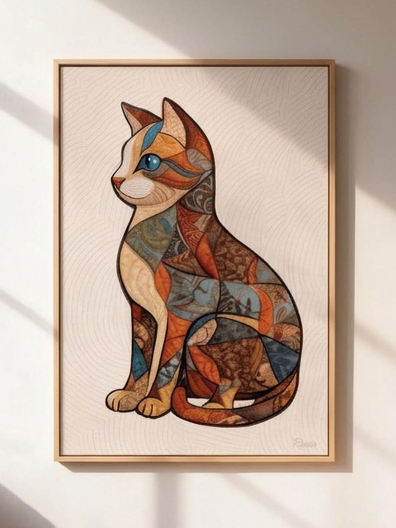 Peut inclure: Impression d'art encadr&eacute;e d'un chat stylis&eacute; assis. Le corps du chat est compos&eacute; de diverses formes g&eacute;om&eacute;triques dans des tons orange, bleu, marron et beige. Le chat a les yeux bleus et un visage blanc. L'&oelig;uvre est pos&eacute;e sur un fond cr&egrave;me.