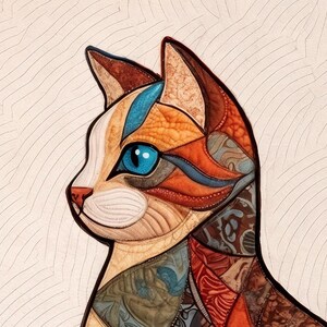 Peut inclure: Portrait d'un chat color&eacute; avec un design patchwork. Le profil du chat pr&eacute;sente un &oelig;il bleu, une fourrure orange, marron et cr&egrave;me, et un nez rouge. Le fond est beige clair avec des lignes courbes subtiles.