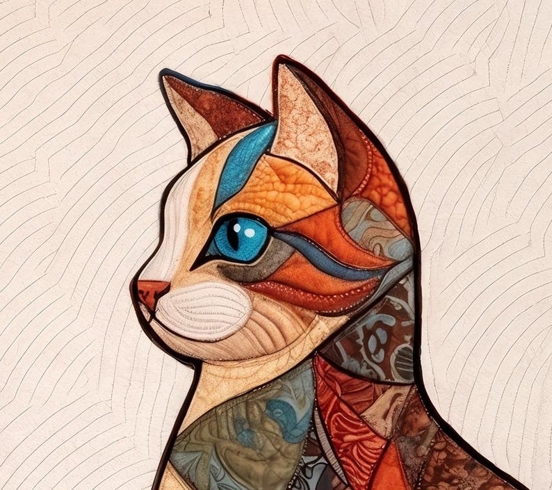 Peut inclure: Portrait d'un chat color&eacute; avec un design patchwork. Le profil du chat pr&eacute;sente un &oelig;il bleu, une fourrure orange, marron et cr&egrave;me, et un nez rouge. Le fond est beige clair avec des lignes courbes subtiles.