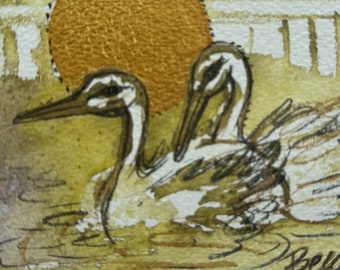 Original Watercolor -  Gold Moon Mossy Swan Glow