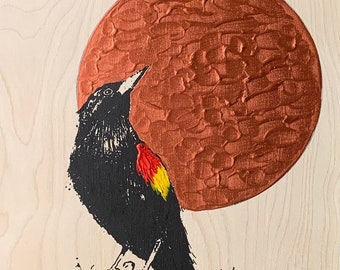 Red Winged Blackbird Copper Moon on Birch - Original Print