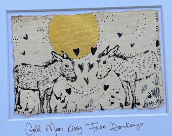 Golden Moon Kissy Face Donkeys - Original Painting & Print